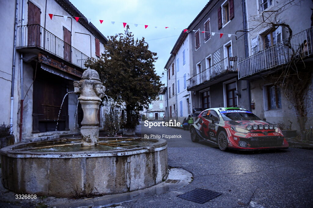 23 January 2026; Elfyn Evans and Scott Martin compete in their Toyota GR Yaris Rally1 during day three of the FIA World Rally Championship Round One in Monte Carlo, France. Photo by Philip Fitzpatrick/Sportsfile