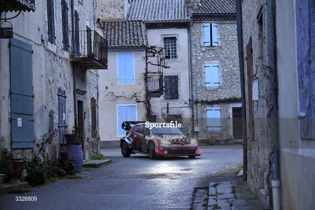 23 January 2026; Takamoto Katsuta and Aaron Johnston compete in their Toyota GR Yaris Rally1 during day three of the FIA World Rally Championship Round One in Monte Carlo, France. Photo by Philip Fitzpatrick/Sportsfile