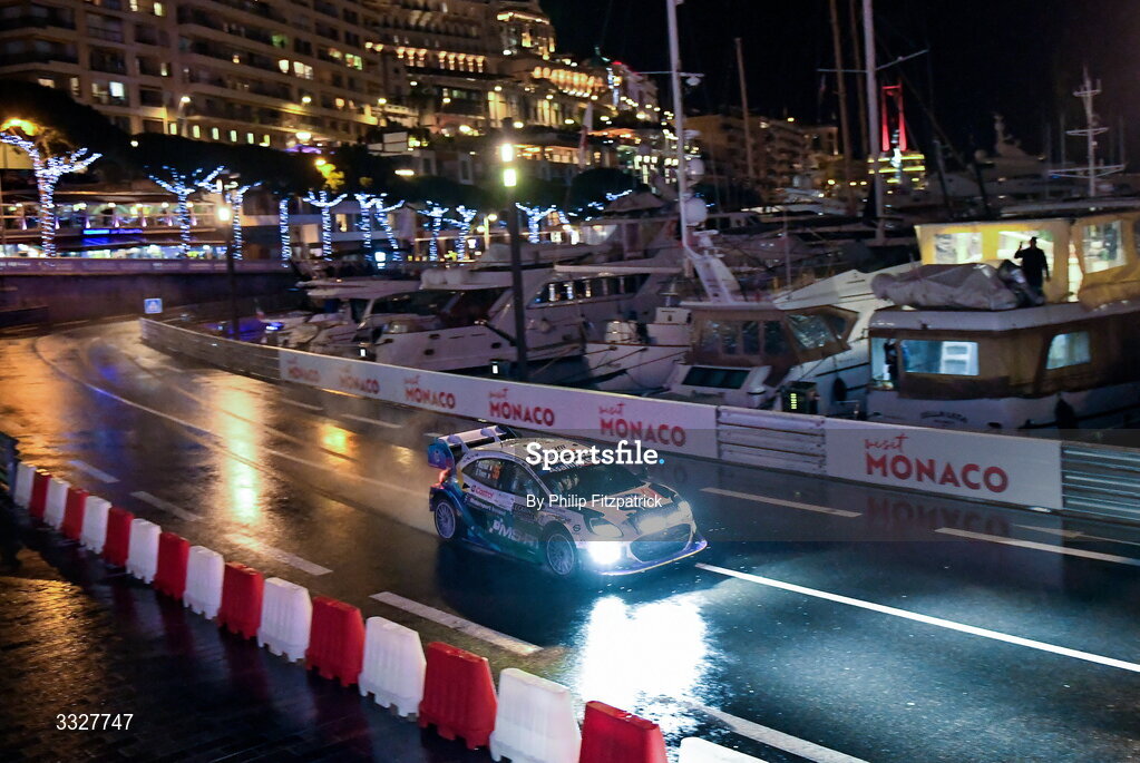 24 January 2026; Joshua McErlean and Eoin Treacy of Ireland compete in their Ford Puma Rally1 during day four of the FIA World Rally Championship Round One in Monte Carlo, France. Photo by Philip Fitzpatrick/Sportsfile