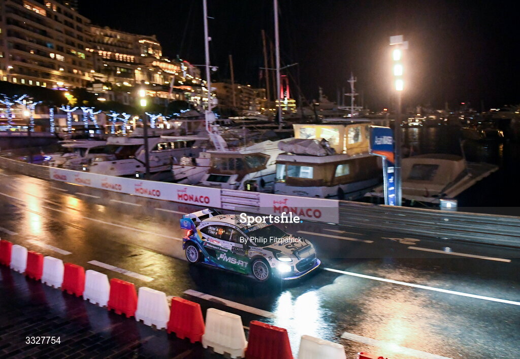 24 January 2026; Joshua McErlean and Eoin Treacy of Ireland compete in their Ford Puma Rally1 during day four of the FIA World Rally Championship Round One in Monte Carlo, France. Photo by Philip Fitzpatrick/Sportsfile