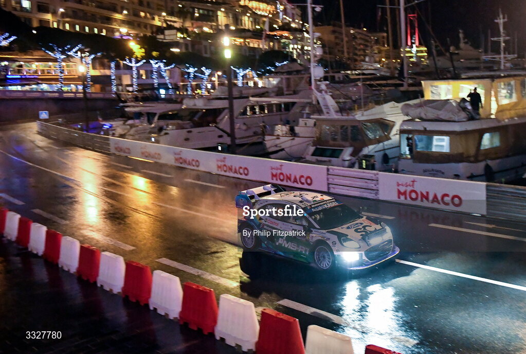 24 January 2026; Joshua McErlean and Eoin Treacy of Ireland compete in their Ford Puma Rally1 during day four of the FIA World Rally Championship Round One in Monte Carlo, France. Photo by Philip Fitzpatrick/Sportsfile