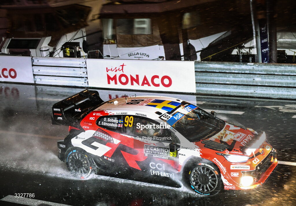 24 January 2026; Oliver Solberg and Elliott Edmondson compete in their Toyota GR Yaris Rally1 during day four of the FIA World Rally Championship Round One in Monte Carlo, France. Photo by Philip Fitzpatrick/Sportsfile