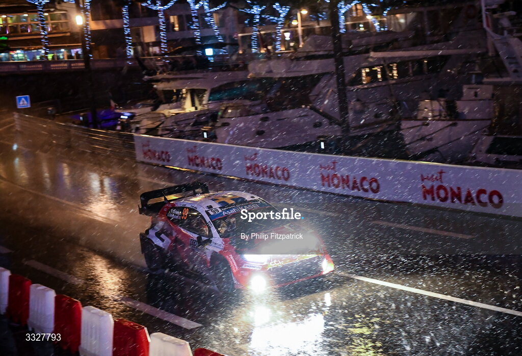 24 January 2026; Oliver Solberg and Elliott Edmondson compete in their Toyota GR Yaris Rally1 during day four of the FIA World Rally Championship Round One in Monte Carlo, France. Photo by Philip Fitzpatrick/Sportsfile
