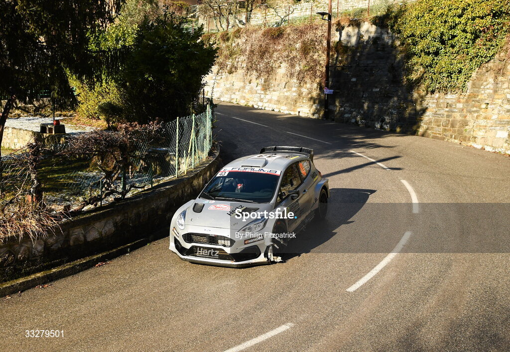 25 January 2026; Eamonn Boland and MJ Morrisey of Ireland compete in their Ford Fiesta Mk II during day five of the FIA World Rally Championship Round One in Monte Carlo, France. Photo by Philip Fitzpatrick/Sportsfile