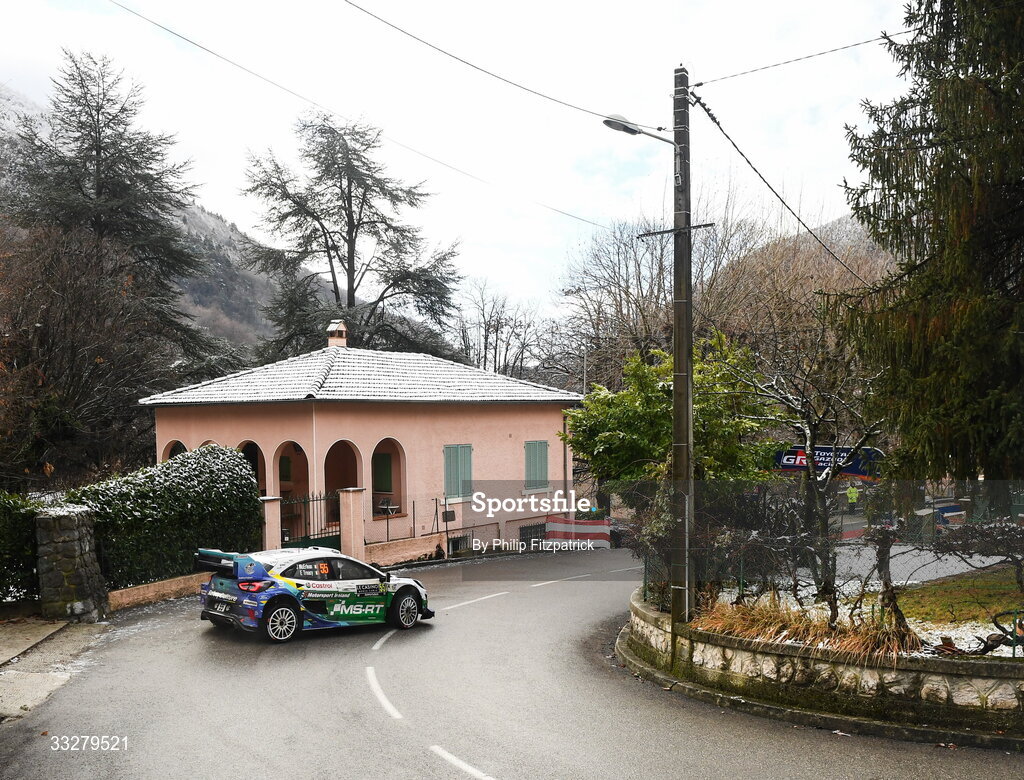 25 January 2026; Joshua McErlean and Eoin Treacy of Ireland compete in their Ford Puma Rally1 during day five of the FIA World Rally Championship Round One in Monte Carlo, France. Photo by Philip Fitzpatrick/Sportsfile