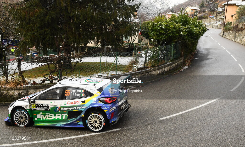 25 January 2026; Joshua McErlean and Eoin Treacy of Ireland compete in their Ford Puma Rally1 during day five of the FIA World Rally Championship Round One in Monte Carlo, France. Photo by Philip Fitzpatrick/Sportsfile