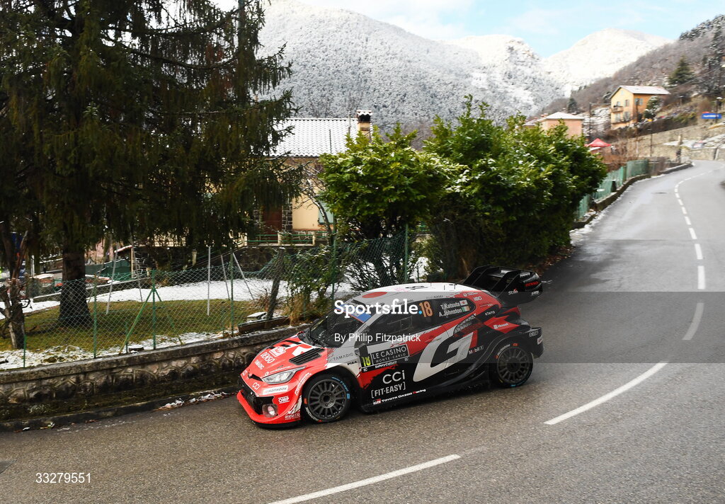 25 January 2026; Takamoto Katsuta and Aaron Johnston compete in their Toyota GR Yaris Rally1 during day five of the FIA World Rally Championship Round One in Monte Carlo, France. Photo by Philip Fitzpatrick/Sportsfile