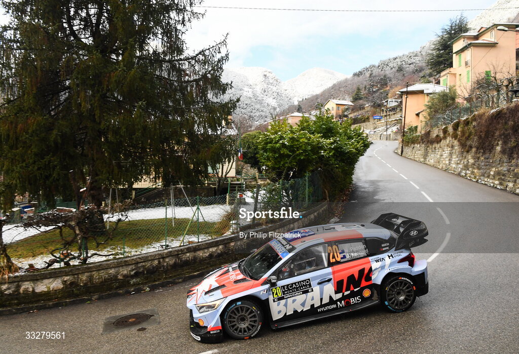 25 January 2026; Hayden Paddon and John Kennard compete in their Hyundai i20 N Rally during day five of the FIA World Rally Championship Round One in Monte Carlo, France. Photo by Philip Fitzpatrick/Sportsfile
