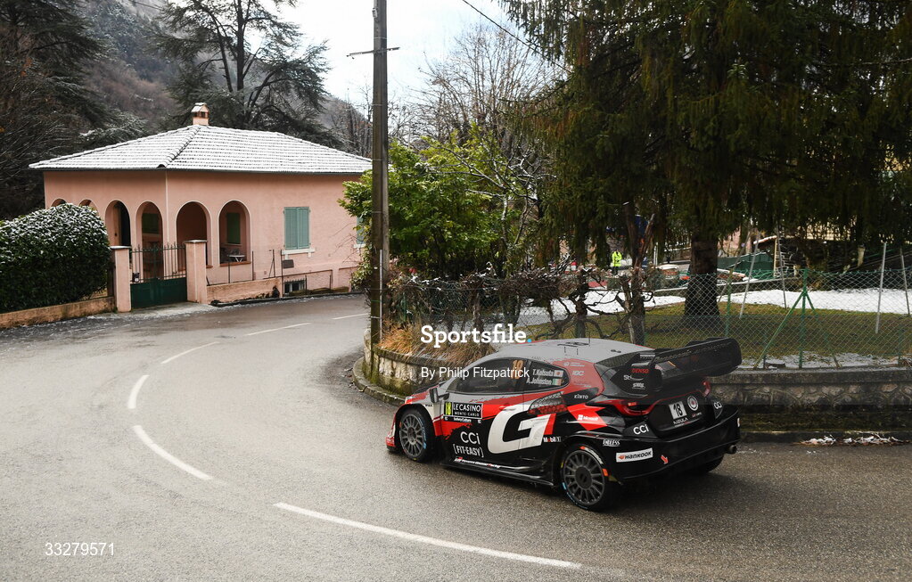 25 January 2026; Takamoto Katsuta and Aaron Johnston compete in their Toyota GR Yaris Rally1 during day five of the FIA World Rally Championship Round One in Monte Carlo, France. Photo by Philip Fitzpatrick/Sportsfile