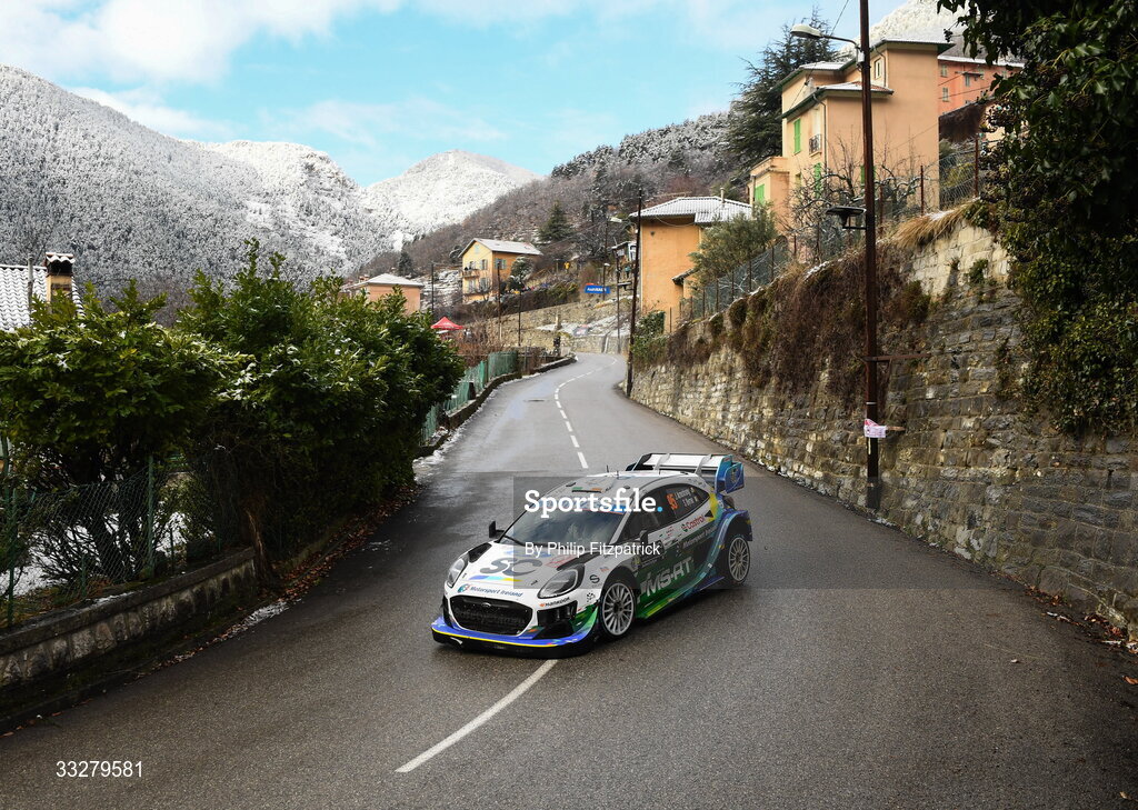 25 January 2026; Jon Armstrong and Shane Byrne of Ireland in their Ford Puma Rally11 during day five of the FIA World Rally Championship Round One in Monte Carlo, France. Photo by Philip Fitzpatrick/Sportsfile