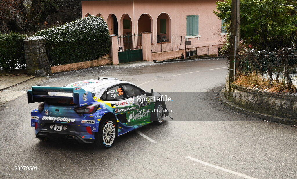 25 January 2026; Jon Armstrong and Shane Byrne of Ireland in their Ford Puma Rally11 during day five of the FIA World Rally Championship Round One in Monte Carlo, France. Photo by Philip Fitzpatrick/Sportsfile