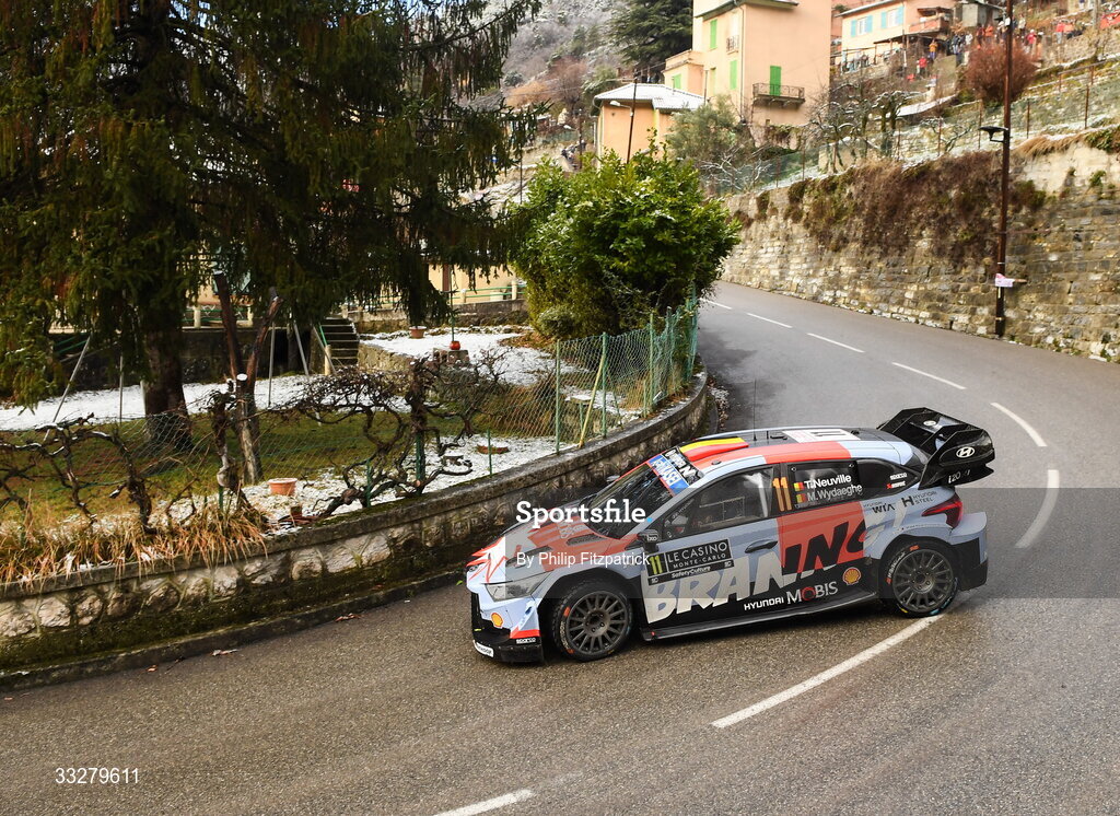 25 January 2026; Thierry Neuville and Martijn Wydaeghe compete in their Hyundai i20 N Rally1 during day five of the FIA World Rally Championship Round One in Monte Carlo, France. Photo by Philip Fitzpatrick/Sportsfile
