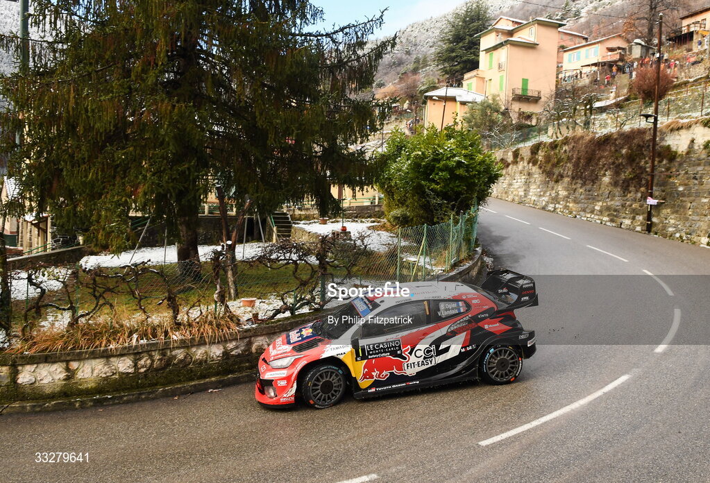 25 January 2026; Sébastien Ogier and Vincent Landias compete in their Toyota GR Yaris Rally1 during day five of the FIA World Rally Championship Round One in Monte Carlo, France. Photo by Philip Fitzpatrick/Sportsfile