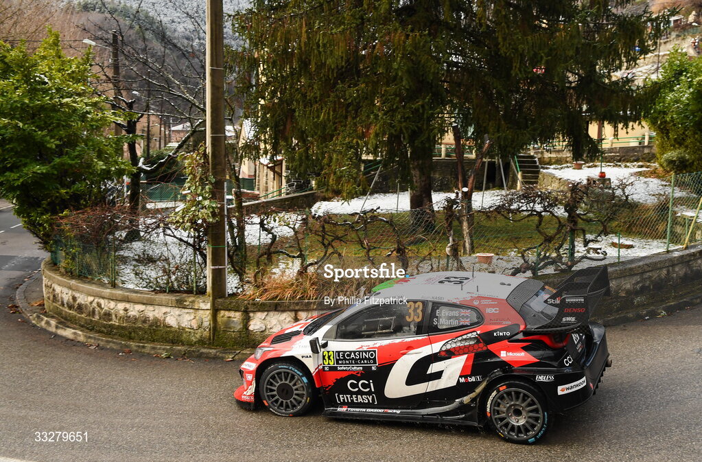 25 January 2026; Sébastien Ogier and Vincent Landias compete in their Toyota GR Yaris Rally1 during day five of the FIA World Rally Championship Round One in Monte Carlo, France. Photo by Philip Fitzpatrick/Sportsfile