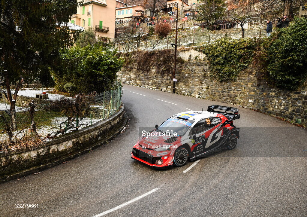 25 January 2026; Oliver Solberg and Elliott Edmondson compete in their Toyota GR Yaris Rally1 during day five of the FIA World Rally Championship Round One in Monte Carlo, France. Photo by Philip Fitzpatrick/Sportsfile