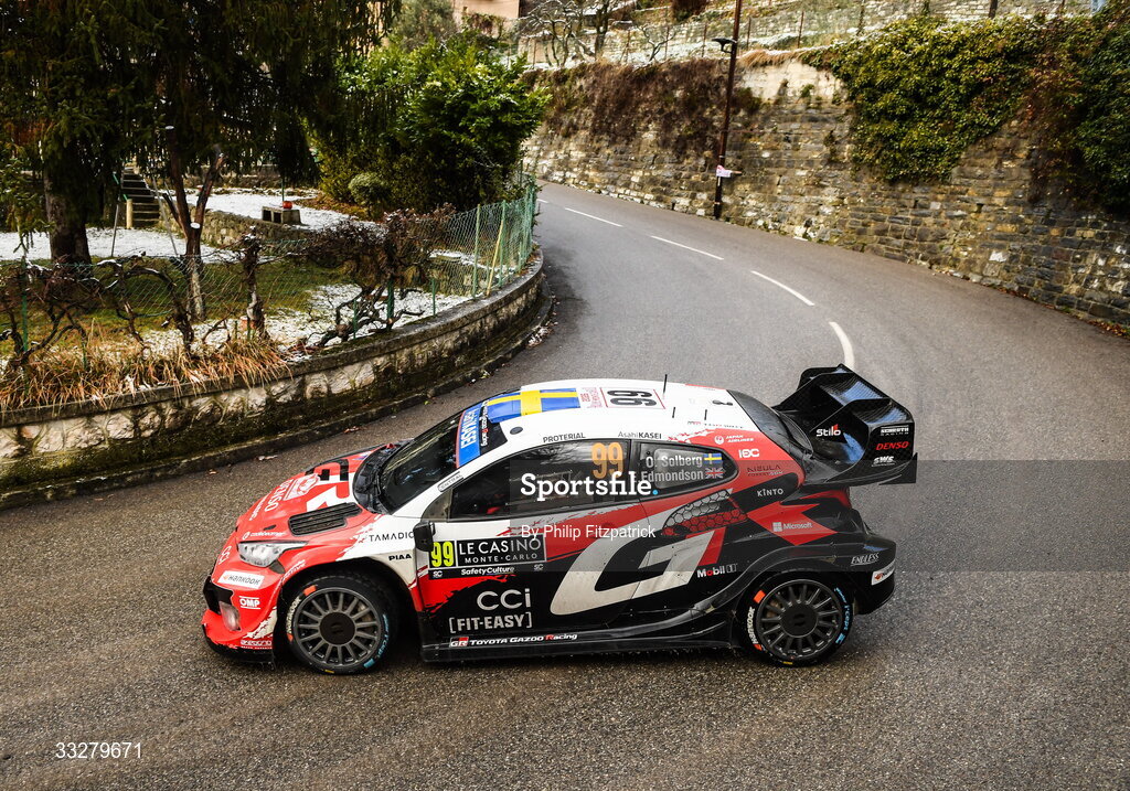 25 January 2026; Oliver Solberg and Elliott Edmondson compete in their Toyota GR Yaris Rally1 during day five of the FIA World Rally Championship Round One in Monte Carlo, France. Photo by Philip Fitzpatrick/Sportsfile