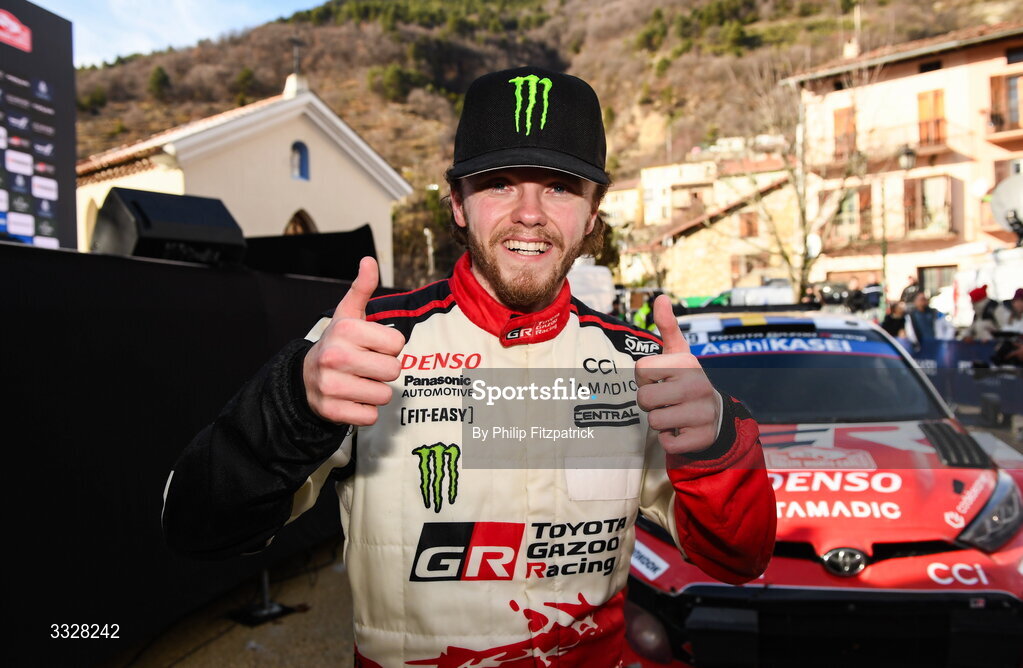 25 January 2026; Oliver Solberg after winning the FIA World Rally Championship Round One in Monte Carlo, France. Photo by Philip Fitzpatrick/Sportsfile