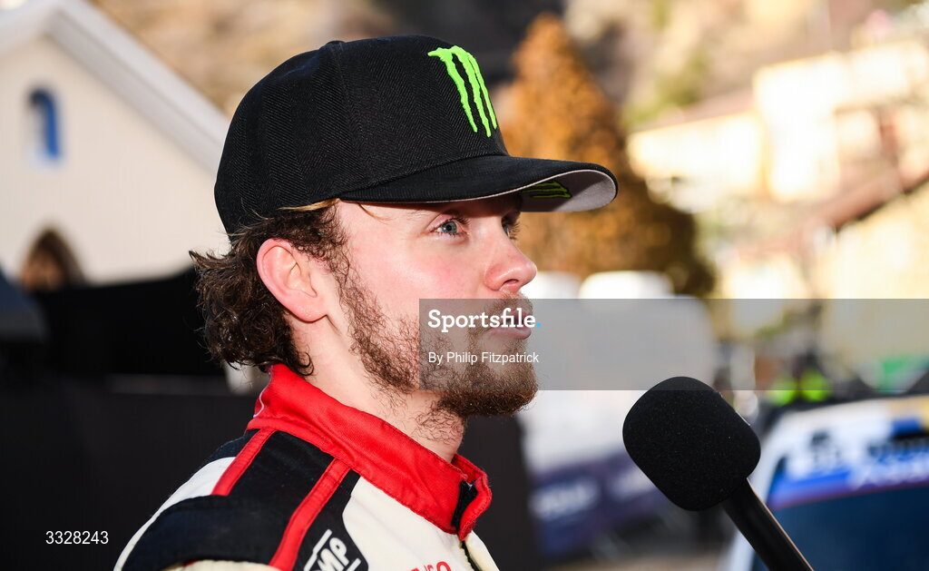 25 January 2026; Oliver Solberg is being interviewed after winning the FIA World Rally Championship Round One in Monte Carlo, France. Photo by Philip Fitzpatrick/Sportsfile