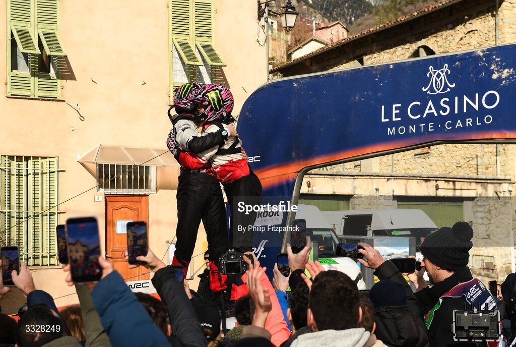 25 January 2026; Toyota GR Yaris Rally drivers Oliver Solberg, right, and Elliott Edmondson celebrate after winning the FIA World Rally Championship Round One in Monte Carlo, France. Photo by Philip Fitzpatrick/Sportsfile
