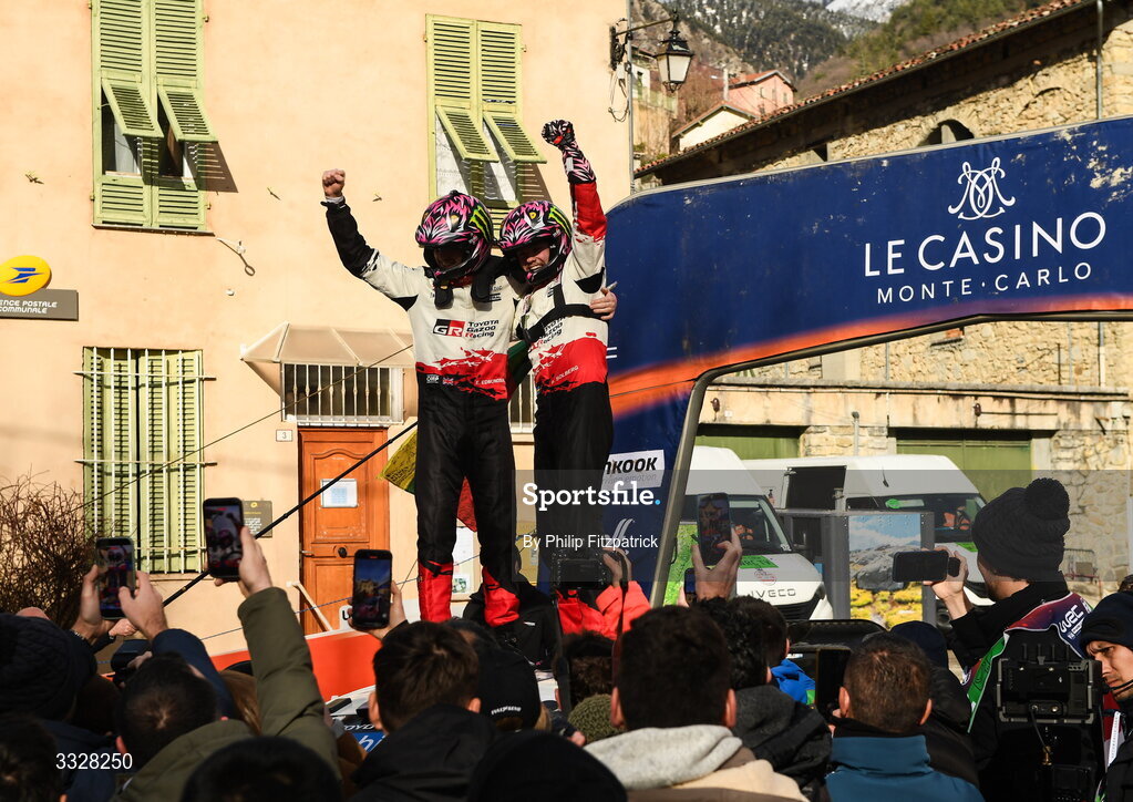 25 January 2026; Toyota GR Yaris Rally drivers Oliver Solberg, right, and Elliott Edmondson celebrate after winning the FIA World Rally Championship Round One in Monte Carlo, France. Photo by Philip Fitzpatrick/Sportsfile