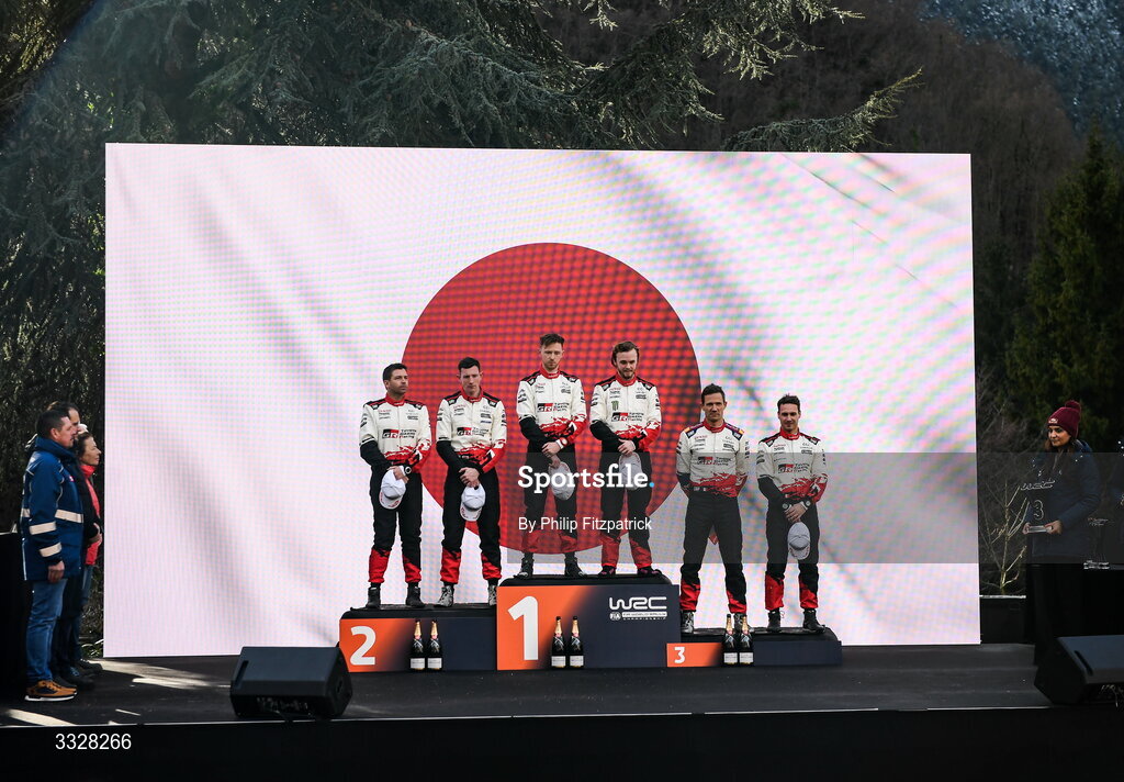 25 January 2026; The winners podium, from left, second place, Elfyn Evans and Scott Martin, first place, Oliver Solberg and Elliott Edmondson and third place, Sébastien Ogier and Vincent Landias after the day five of the FIA World Rally Championship Round One in Monte Carlo, France. Photo by Philip Fitzpatrick/Sportsfile