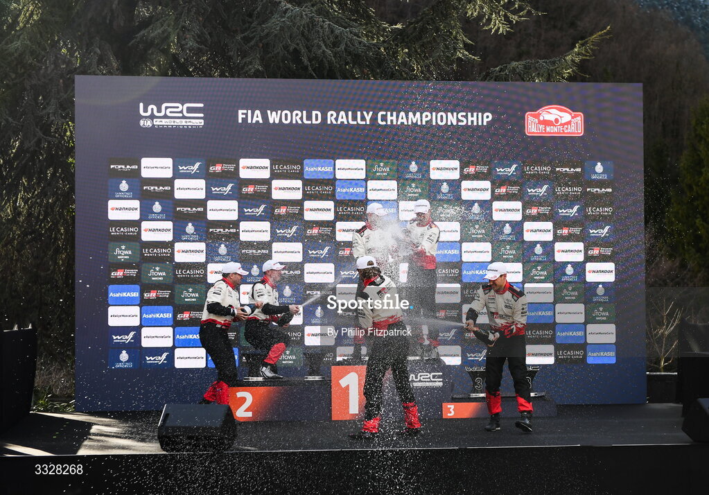 25 January 2026; The podium finishers celebrate after the day five of the FIA World Rally Championship Round One in Monte Carlo, France. Photo by Philip Fitzpatrick/Sportsfile
