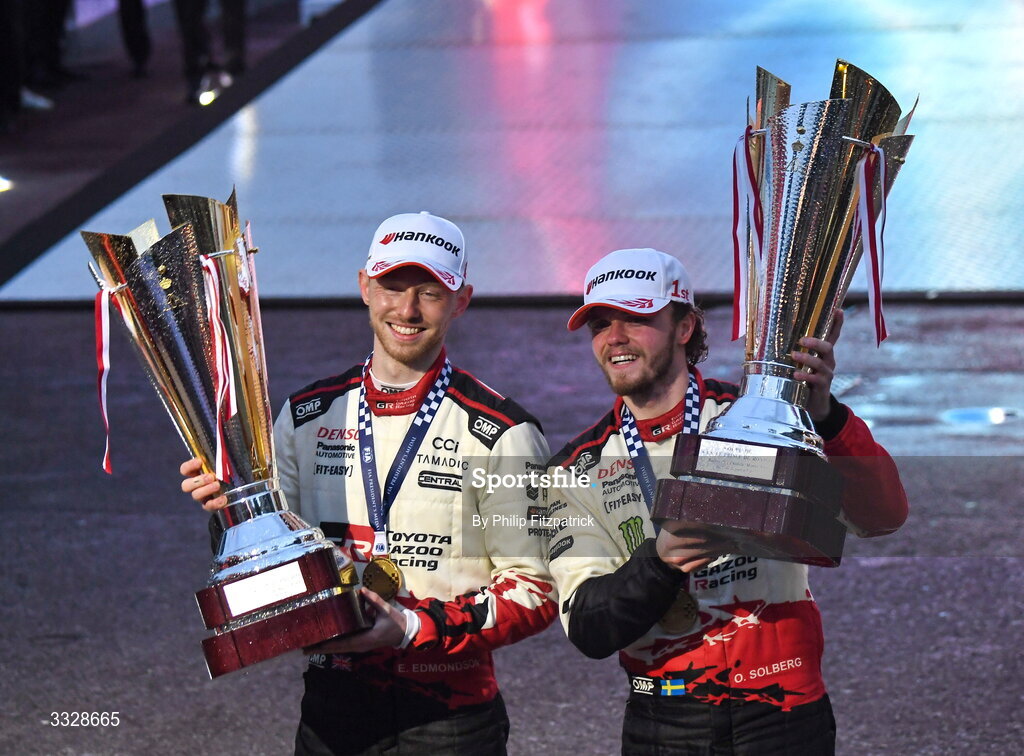 25 January 2026; Toyota GR Yaris Rally1 drivers Elliott Edmondson, left, and Oliver Solberg celebrates with the trophies after winning the FIA World Rally Championship in Monte Carlo, France. Photo by Philip Fitzpatrick/Sportsfile