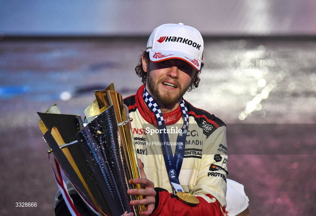 25 January 2026; Oliver Solberg celebrate with the trophy after winning the FIA World Rally Championship in Monte Carlo, France. Photo by Philip Fitzpatrick/Sportsfile