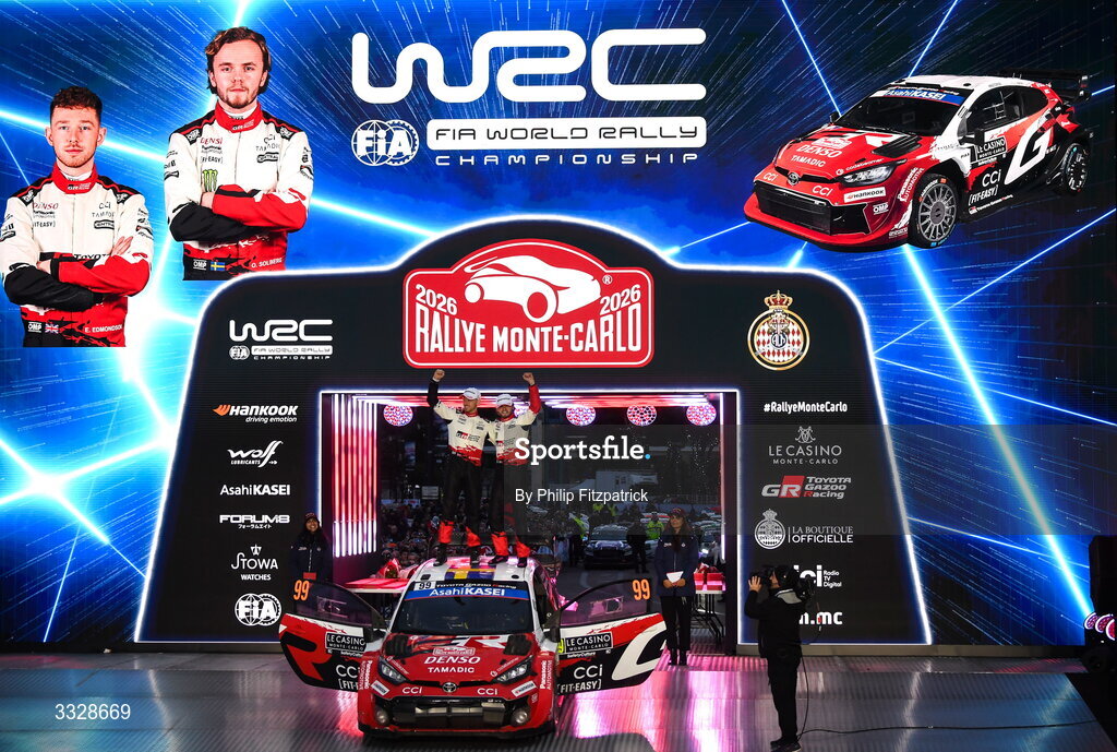 25 January 2026; Toyota GR Yaris Rally1 drivers Elliott Edmondson, left, and Oliver Solberg celebrates after winning the FIA World Rally Championship in Monte Carlo, France. Photo by Philip Fitzpatrick/Sportsfile