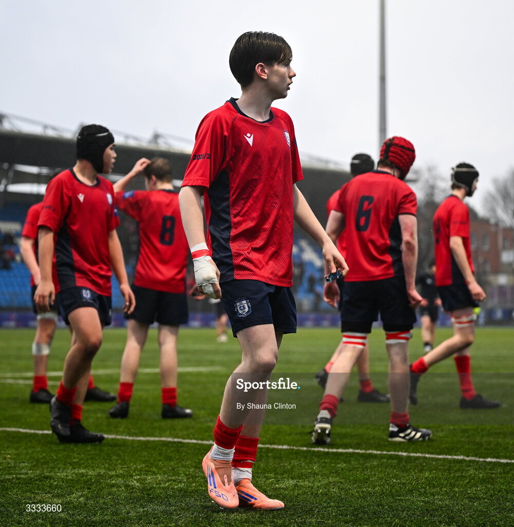 22 January 2026; Lucas Chen of CUS, centre, and team-mates during the Bank of Ireland Leinster Rugby Boys Schools Fr Godfrey Cup semi-final match between Wesley College and CUS at Energia Park in Dublin. Photo by Shauna Clinton/Sportsfile