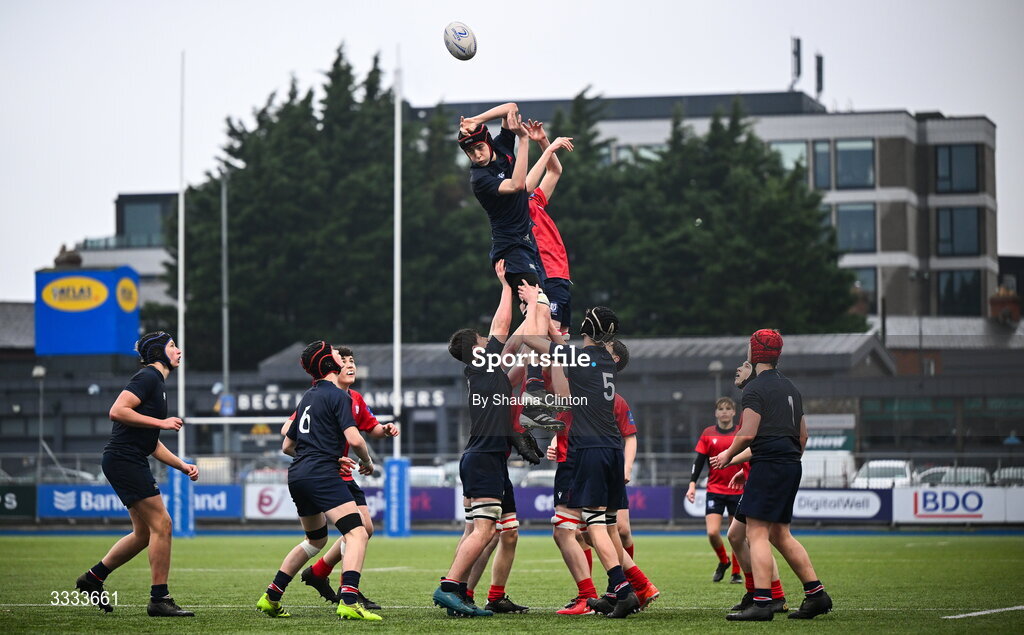 22 January 2026; A general view of a lineout during the Bank of Ireland Leinster Rugby Boys Schools Fr Godfrey Cup semi-final match between Wesley College and CUS at Energia Park in Dublin. Photo by Shauna Clinton/Sportsfile