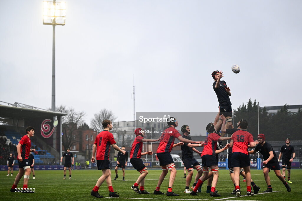 22 January 2026; A general view of a lineout during the Bank of Ireland Leinster Rugby Boys Schools Fr Godfrey Cup semi-final match between Wesley College and CUS at Energia Park in Dublin. Photo by Shauna Clinton/Sportsfile