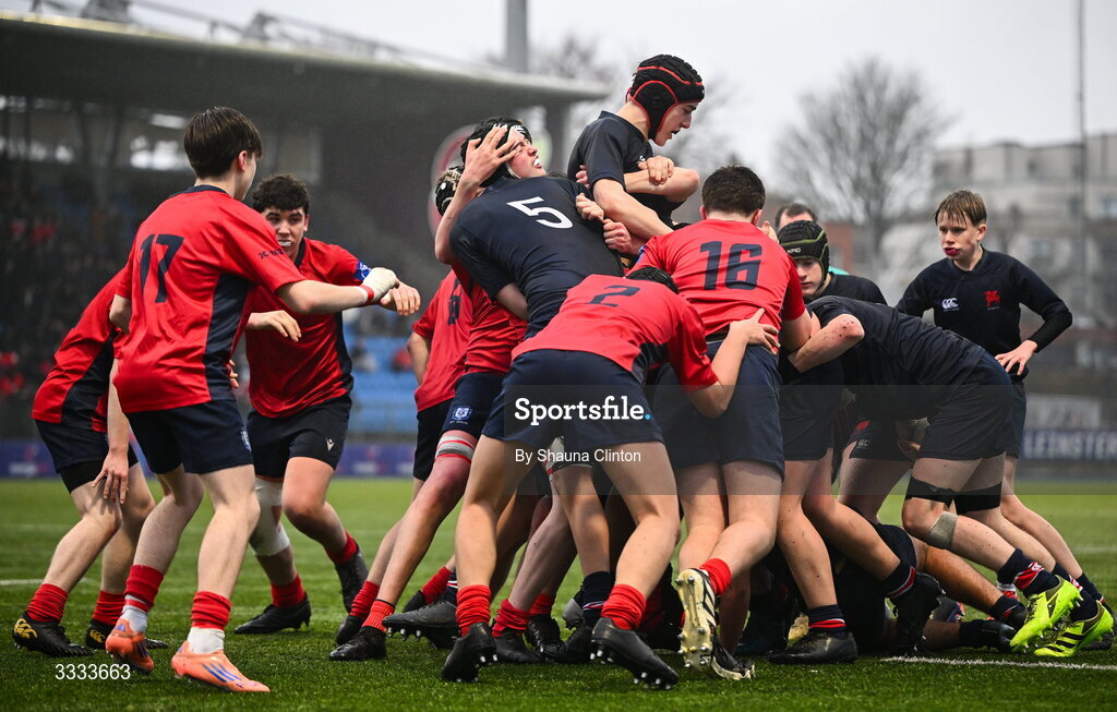 22 January 2026; A general view of a scrum during the Bank of Ireland Leinster Rugby Boys Schools Fr Godfrey Cup semi-final match between Wesley College and CUS at Energia Park in Dublin. Photo by Shauna Clinton/Sportsfile