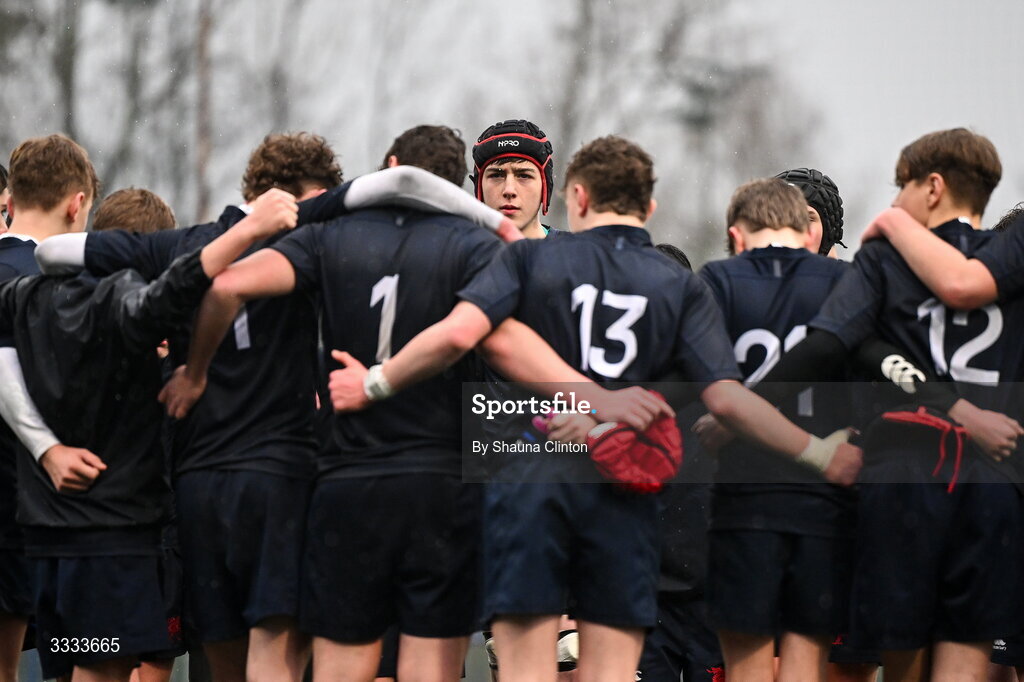 22 January 2026; Wesley College players huddle after their side's victory in the Bank of Ireland Leinster Rugby Boys Schools Fr Godfrey Cup semi-final match between Wesley College and CUS at Energia Park in Dublin. Photo by Shauna Clinton/Sportsfile