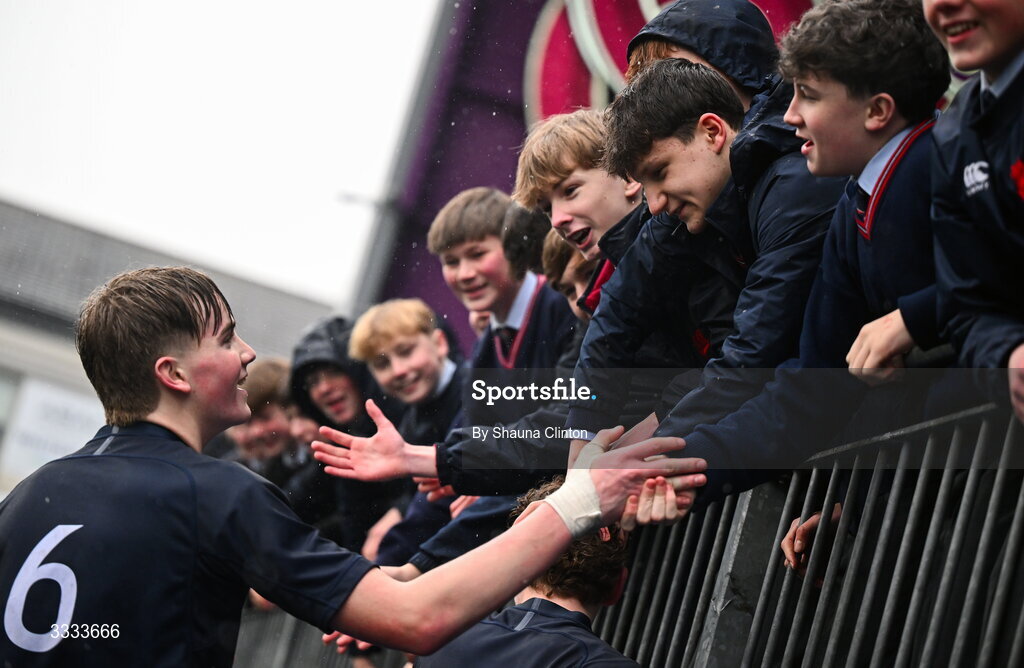 22 January 2026; Darragh Larkin of Wesley College celebrates with supporters after their side's victory in the Bank of Ireland Leinster Rugby Boys Schools Fr Godfrey Cup semi-final match between Wesley College and CUS at Energia Park in Dublin. Photo by Shauna Clinton/Sportsfile