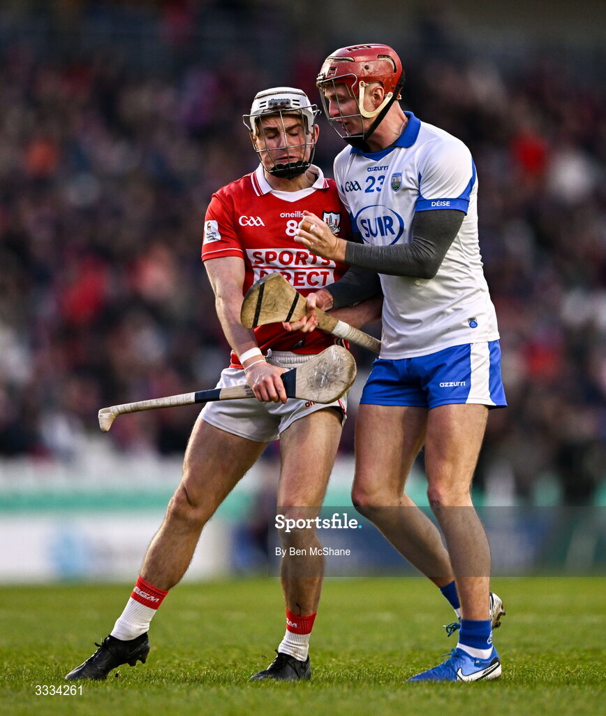 25 January 2026; Tommy O'Connell of Cork and Calum Lyons of Waterford during the Allianz Hurling League Division 1A match between Cork and Waterford at SuperValu Páirc Uí Chaoimh in Cork. Photo by Ben McShane/Sportsfile