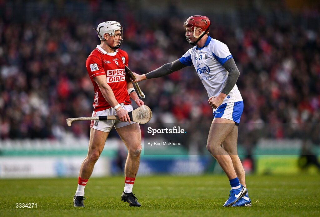 25 January 2026; Tommy O'Connell of Cork and Calum Lyons of Waterford during the Allianz Hurling League Division 1A match between Cork and Waterford at SuperValu Páirc Uí Chaoimh in Cork. Photo by Ben McShane/Sportsfile
