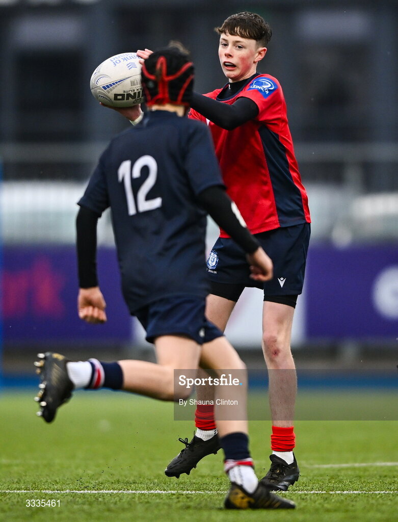 22 January 2026; Olly McQuade of CUS during the Bank of Ireland Leinster Rugby Boys Schools Fr Godfrey Cup semi-final match between Wesley College and CUS at Energia Park in Dublin. Photo by Shauna Clinton/Sportsfile
