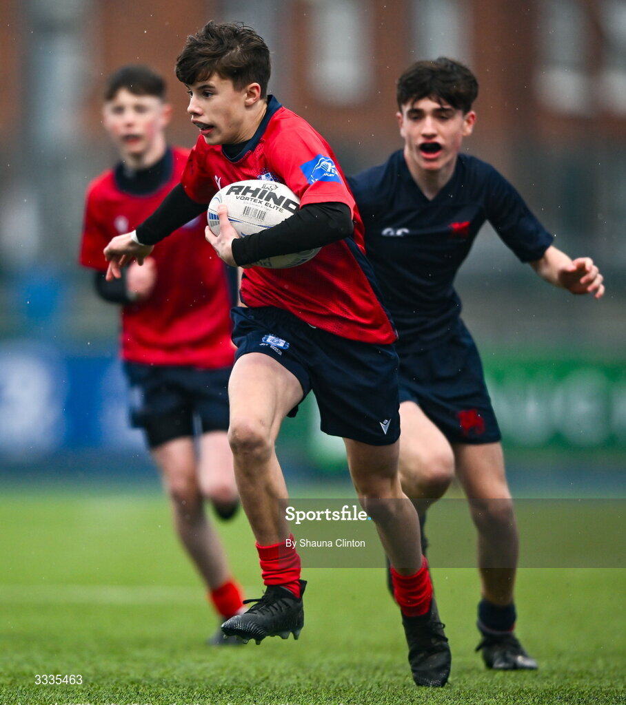 22 January 2026; Darragh Reid of CUS makes a break during the Bank of Ireland Leinster Rugby Boys Schools Fr Godfrey Cup semi-final match between Wesley College and CUS at Energia Park in Dublin. Photo by Shauna Clinton/Sportsfile