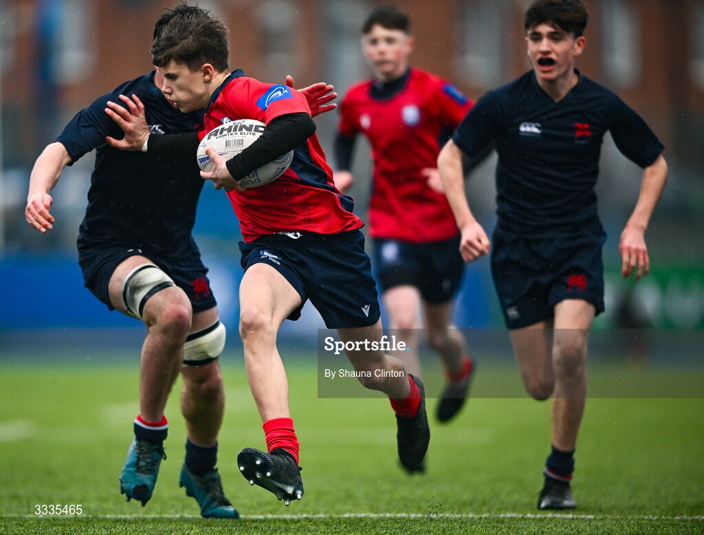 22 January 2026; Darragh Reid of CUS makes a break during the Bank of Ireland Leinster Rugby Boys Schools Fr Godfrey Cup semi-final match between Wesley College and CUS at Energia Park in Dublin. Photo by Shauna Clinton/Sportsfile
