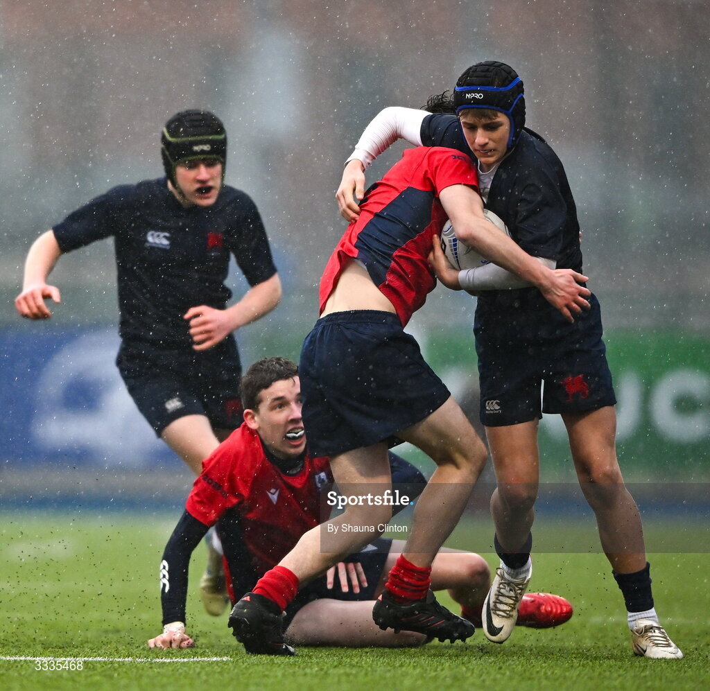 22 January 2026; Luke Hamilton of Wesley College in action against Leonard Deering of CUS during the Bank of Ireland Leinster Rugby Boys Schools Fr Godfrey Cup semi-final match between Wesley College and CUS at Energia Park in Dublin. Photo by Shauna Clinton/Sportsfile