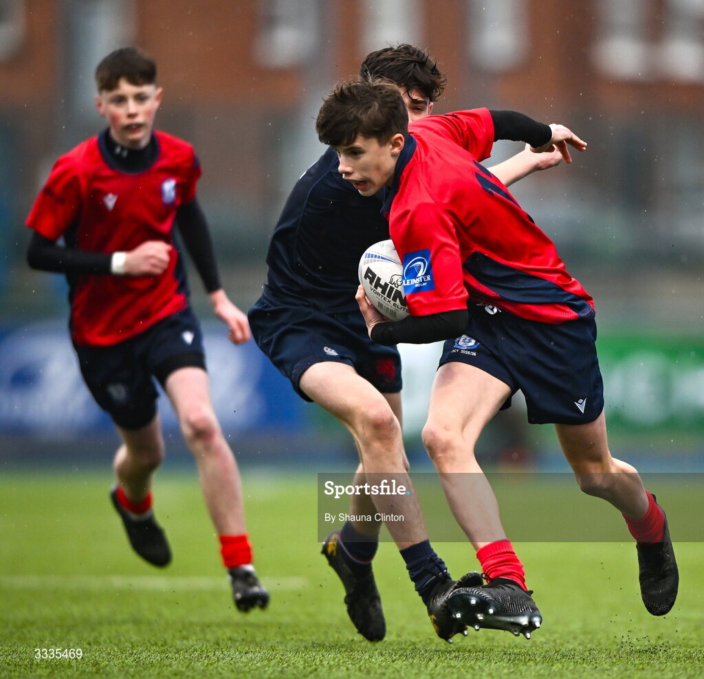 22 January 2026; Darragh Reid of CUS makes a break during the Bank of Ireland Leinster Rugby Boys Schools Fr Godfrey Cup semi-final match between Wesley College and CUS at Energia Park in Dublin. Photo by Shauna Clinton/Sportsfile