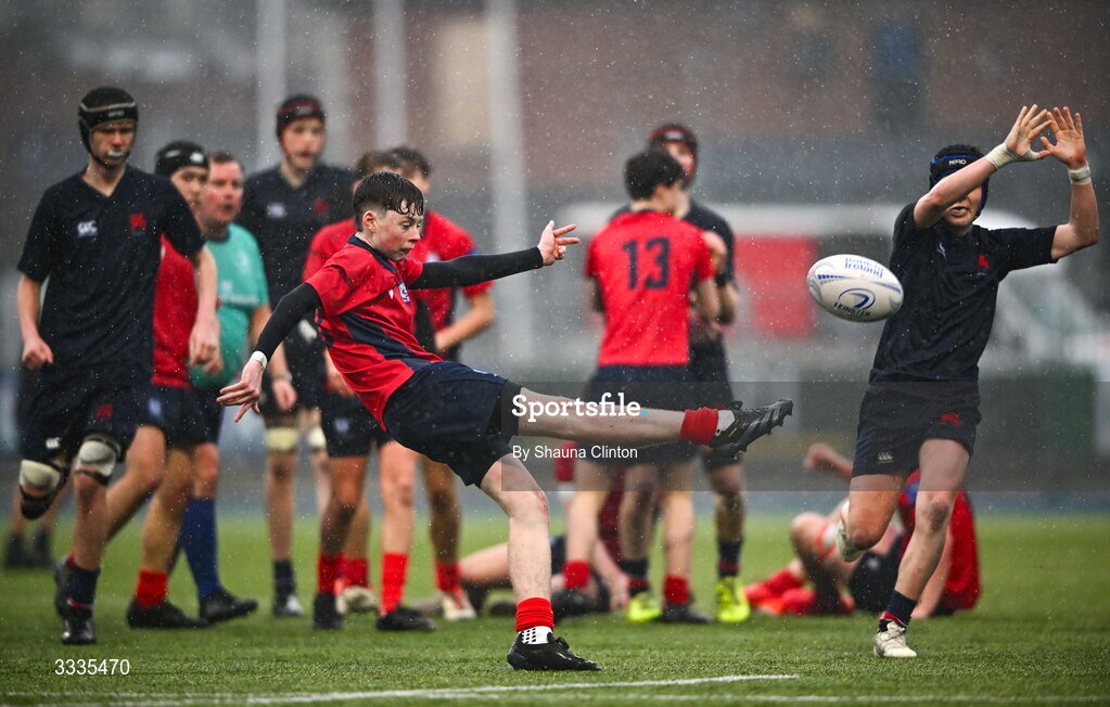 22 January 2026; Olly McQuade of CUS during the Bank of Ireland Leinster Rugby Boys Schools Fr Godfrey Cup semi-final match between Wesley College and CUS at Energia Park in Dublin. Photo by Shauna Clinton/Sportsfile
