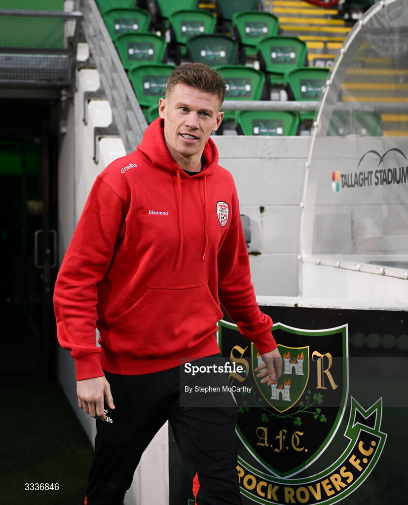 31 January 2026; James McClean of Derry City before the 2026 Men's President's Cup final match between Shamrock Rovers and Derry City at Tallaght Stadium in Dublin. Photo by Stephen McCarthy/Sportsfile