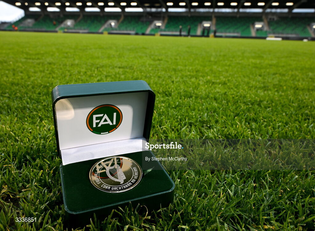 31 January 2026; A general view of the FAI President's Cup medal before the 2026 Men's President's Cup final match between Shamrock Rovers and Derry City at Tallaght Stadium in Dublin. Photo by Stephen McCarthy/Sportsfile