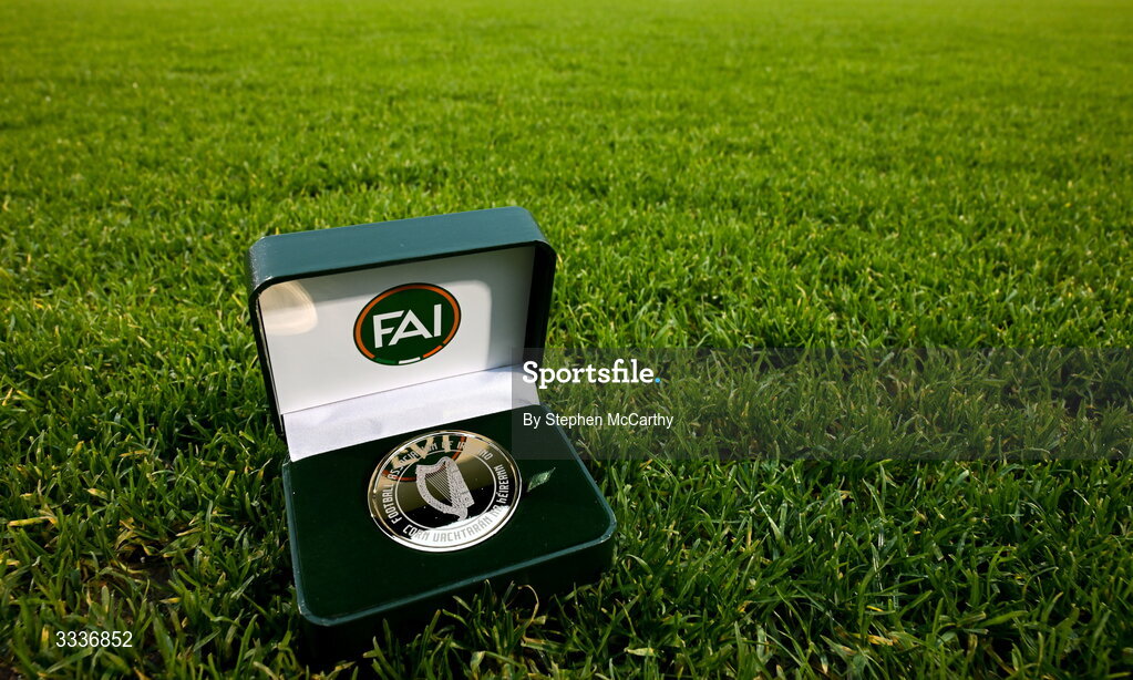 31 January 2026; A general view of the FAI President's Cup medal before the 2026 Men's President's Cup final match between Shamrock Rovers and Derry City at Tallaght Stadium in Dublin. Photo by Stephen McCarthy/Sportsfile