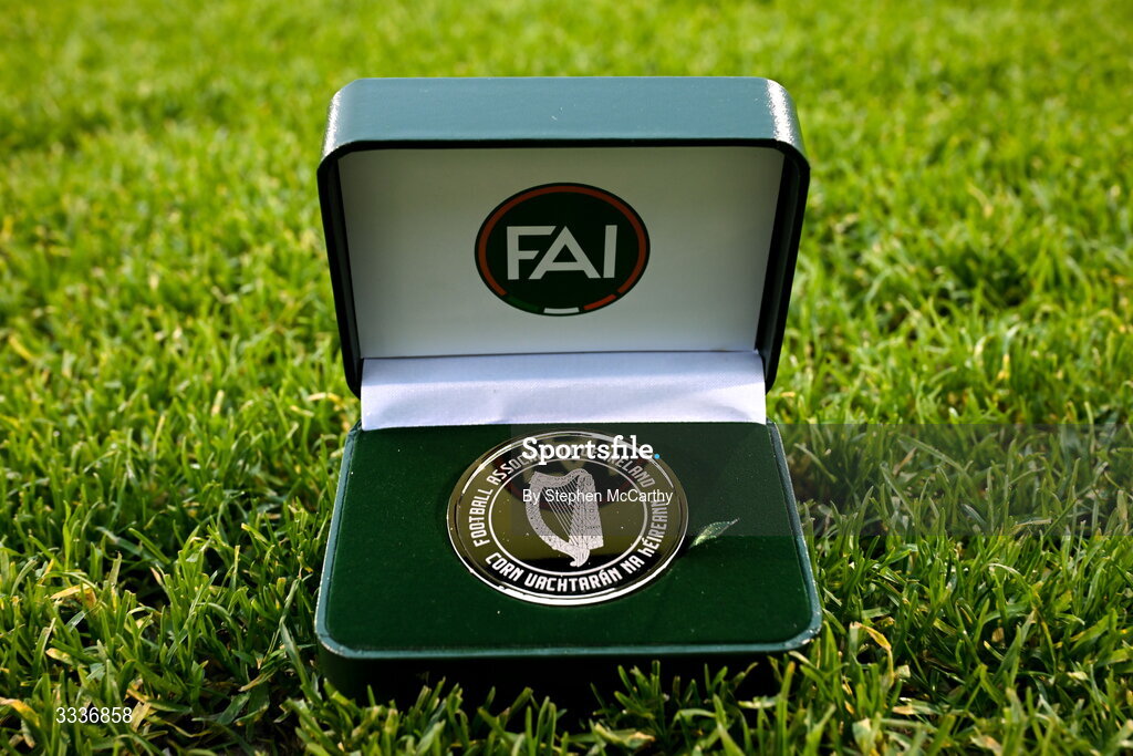 31 January 2026; A general view of the FAI President's Cup medal before the 2026 Men's President's Cup final match between Shamrock Rovers and Derry City at Tallaght Stadium in Dublin. Photo by Stephen McCarthy/Sportsfile