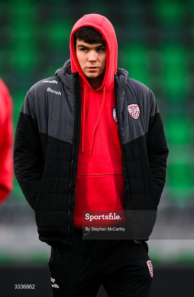 31 January 2026; James Clarke of Derry City before the 2026 Men's President's Cup final match between Shamrock Rovers and Derry City at Tallaght Stadium in Dublin. Photo by Stephen McCarthy/Sportsfile