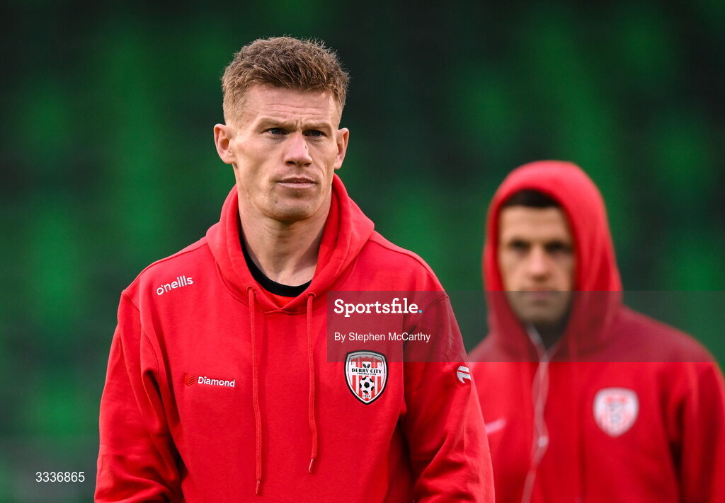 31 January 2026; James McClean of Derry City before the 2026 Men's President's Cup final match between Shamrock Rovers and Derry City at Tallaght Stadium in Dublin. Photo by Stephen McCarthy/Sportsfile