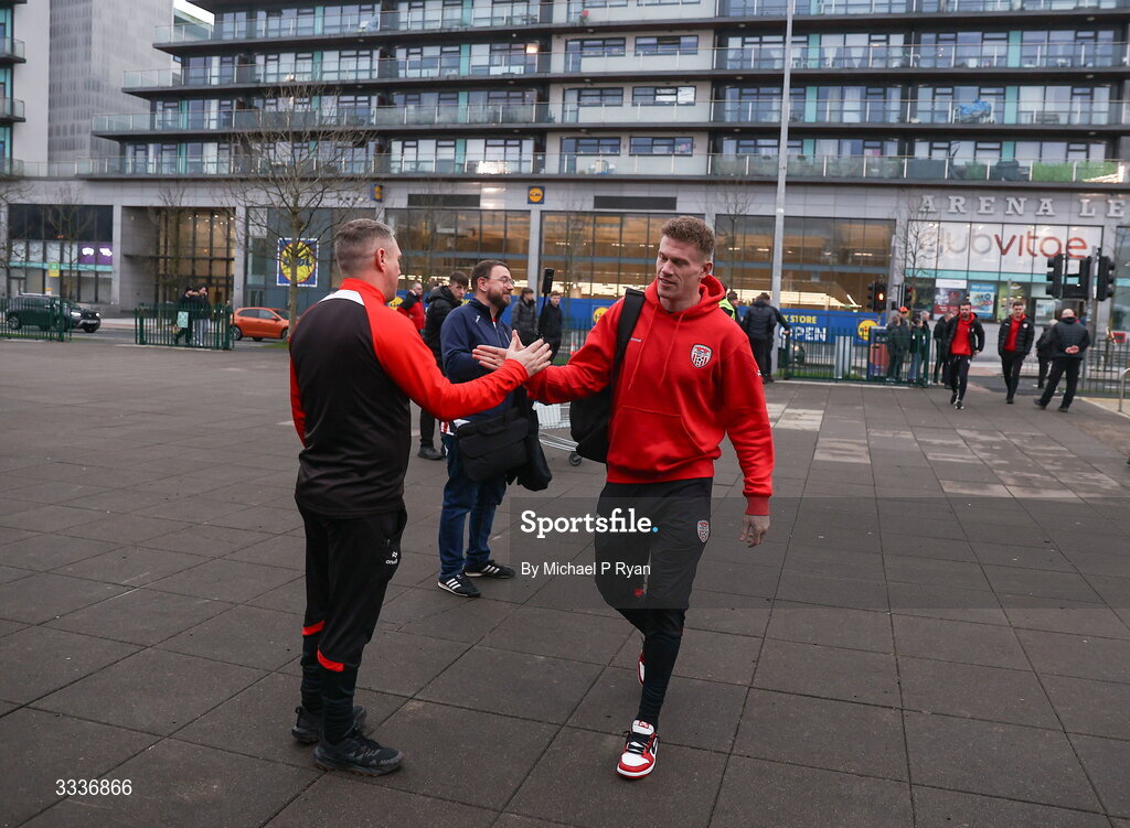 31 January 2026; James McClean of Derry City arrives before the 2026 Men's President's Cup final match between Shamrock Rovers and Derry City at Tallaght Stadium in Dublin. Photo by Michael P Ryan/Sportsfile